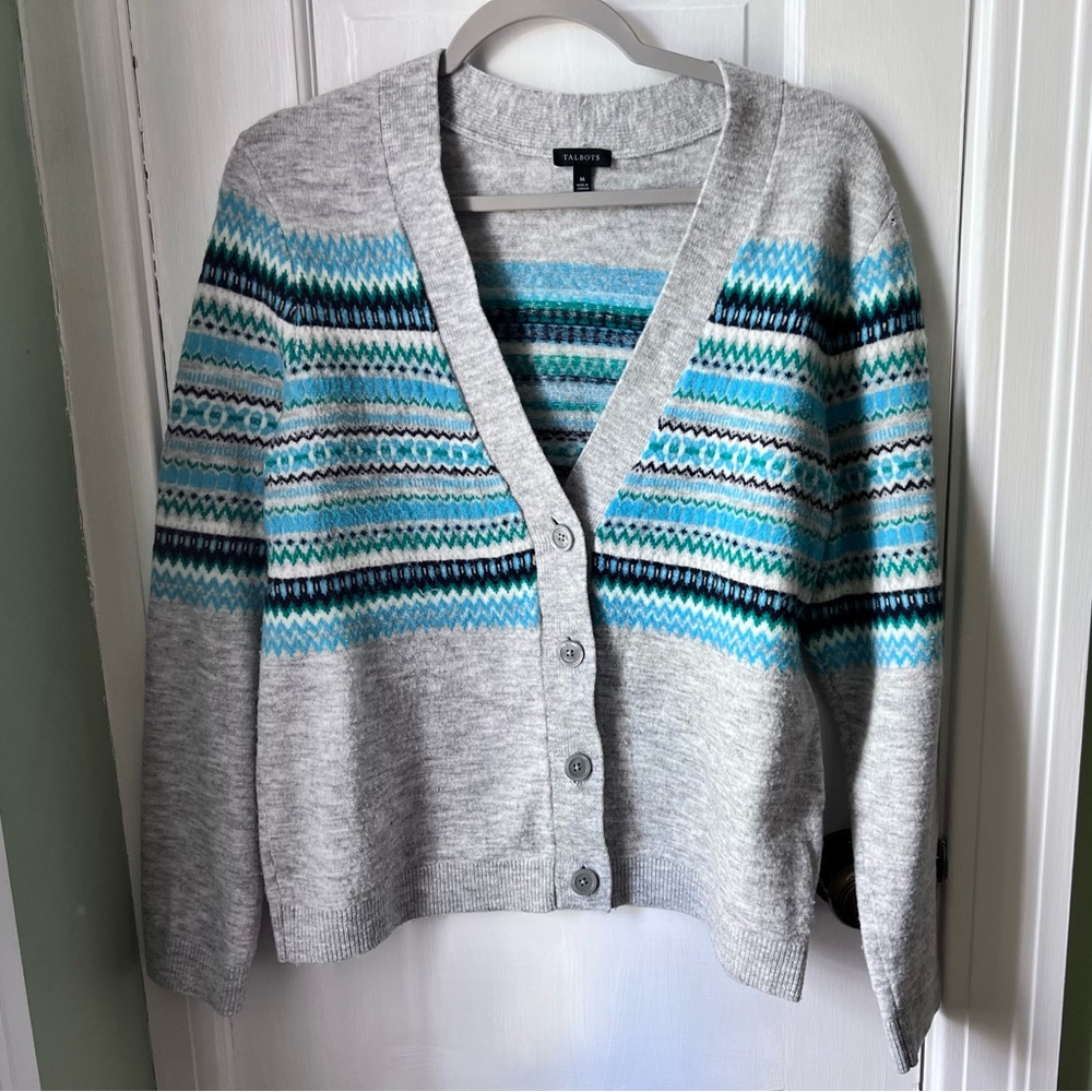 Talbots Gray Blue Green Striped V Neck Cardigan Women’s Size Medium